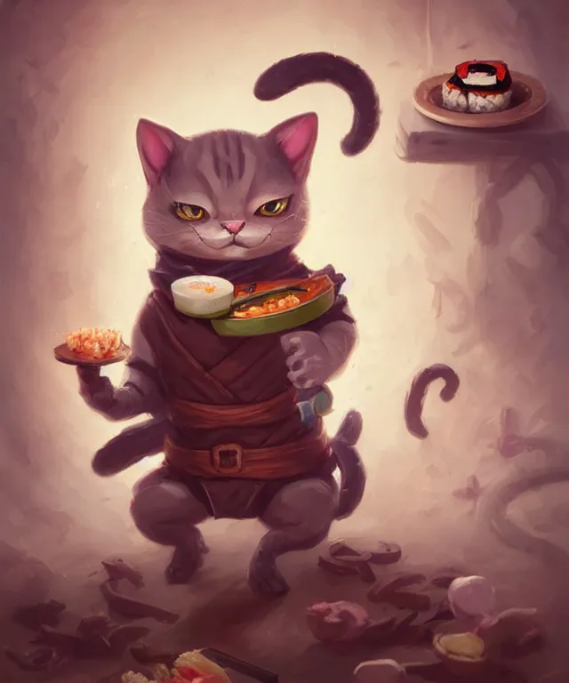 Image similar to a portrait of an anthropomorphic ninja cat eating sushi,, standing in a restaurant surrounded by mice!, cute and adorable, dnd character art portrait, well rendered matte fantasy painting, deviantart artstation, by jason felix by steve argyle by tyler jacobson by peter mohrbacher, cinematic lighting