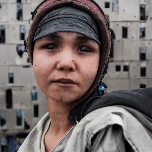 Image similar to photographic portrait of a poor techwear woman holding back tears, a futuristic shanty town burns in the background, closeup, sigma 85mm f/1.4, 4k, depth of field, high resolution, 4k, 8k, hd, full color