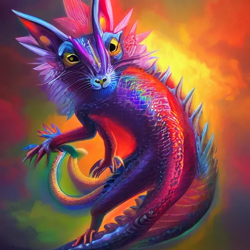 Image similar to an oilpainting of a psychedelic hamster dragon hybrid, hd, artstation, digital art, 4k, 8k