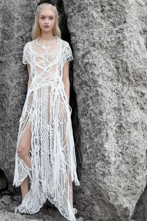 Image similar to antediluvian crystal atlantean hyperborean avant garde fashion lace dress with natural pattern motifs, young white - blonde model, sharp focus, outdoors, godray lighting