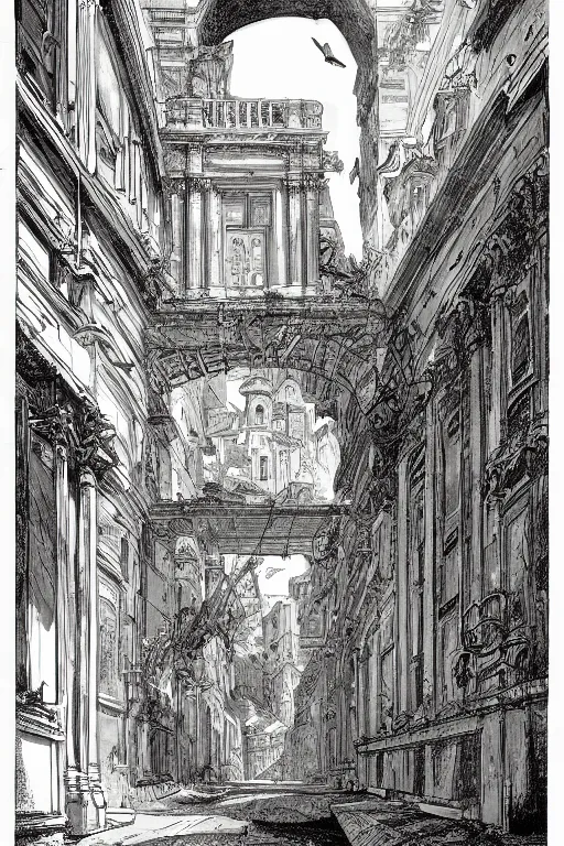 Image similar to portal to a baroque city in a parallel universe; by François Schuiten, by Giovanni Battista Piranesi, by Pendleton Ward