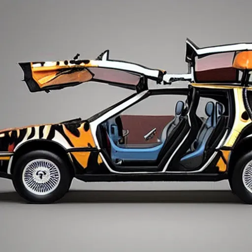 Prompt: a tiger inside of a delorean,