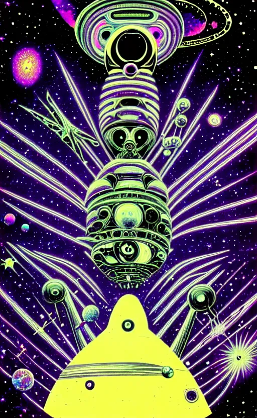 Prompt: trippy aliens, enchanted cosmic galaxy, stars in the sky, space ship, psychedelic, wide angle shot, white background, vector art, illustration by frank frazetta and salvador dali