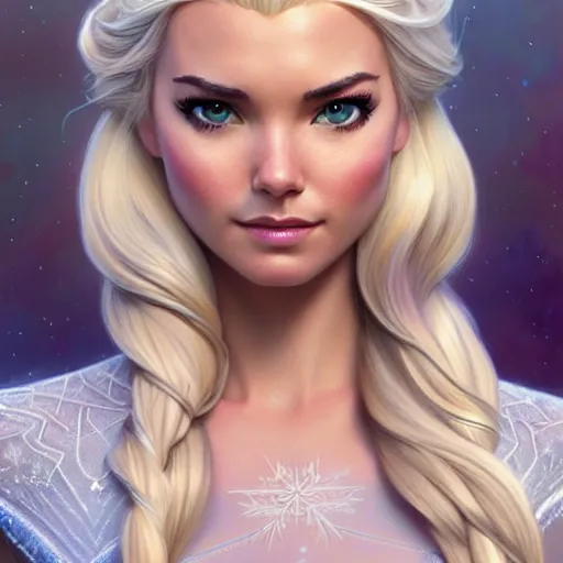 Image similar to Odette Annable with blonde hair as Elsa from Frozen, western, D&D, fantasy, intricate, elegant, highly detailed, digital painting, artstation, concept art, matte, sharp focus, illustration, art by Artgerm and Greg Rutkowski and Alphonse Mucha