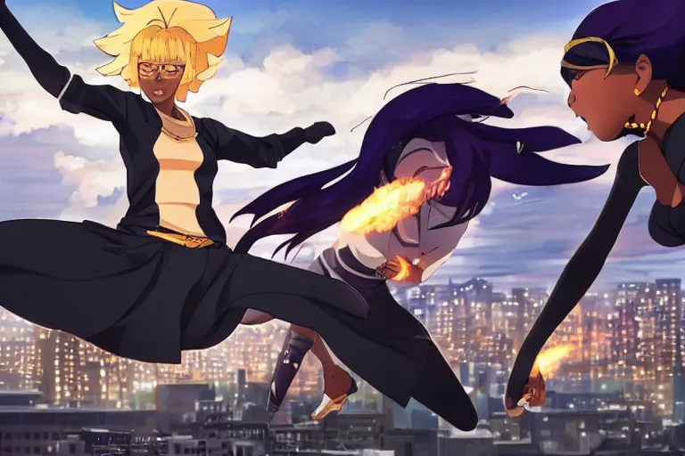 Prompt: a fierce young black female dressed as a ninja wearing a diamond is attacking an powerful goddess on a harlem rooftop, highly detailed, 4lighting, anime scenery by Makoto shinkai