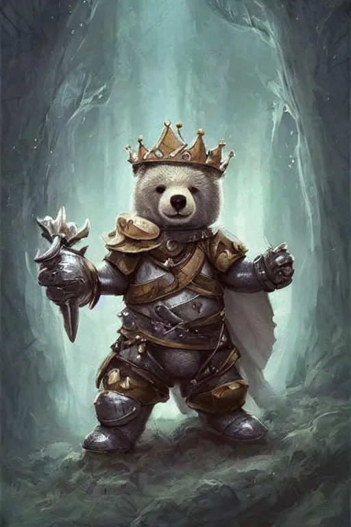 Image similar to cute little anthropomorphic bear knight wearing a cape and a crown, tiny, small, miniature bear, baby animal, short, pale blue armor, cute and adorable, pretty, beautiful, DnD character art portrait, matte fantasy painting, DeviantArt Artstation, by Jason Felix by Steve Argyle by Tyler Jacobson by Peter Mohrbacher, cinematic lighting