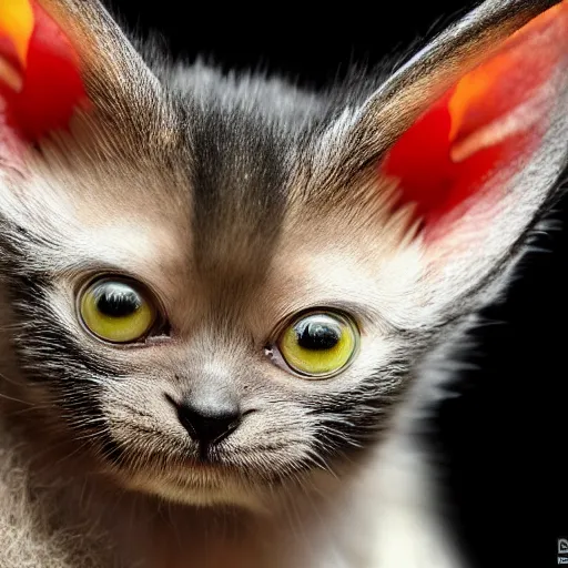 Prompt: bat kitten hybrid, bold natural colors, national geographic photography, masterpiece, full shot