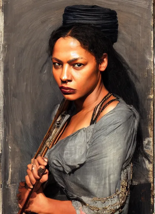 Image similar to maria igwe. Old west bounty hunter. Iranian orientalist portrait by john william waterhouse and Edwin Longsden Long and Theodore Ralli and Nasreddine Dinet, oil on canvas. Cinematic, hyper realism, realistic proportions, dramatic lighting, high detail 4k