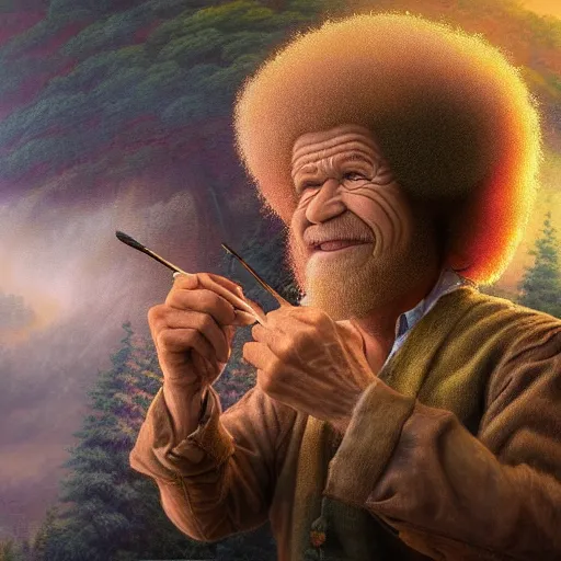 Prompt: bob ross is yawning and is very very very sleepy, eyes are closed, close - up, deep focus, extremely detailed digital painting, vibrant colors, in the style of tomasz alen kopera and fenghua zhong and peter mohrbacher, mystical colors, rim light, beautiful lighting, 8 k, stunning scene, raytracing, octane, trending on artstation