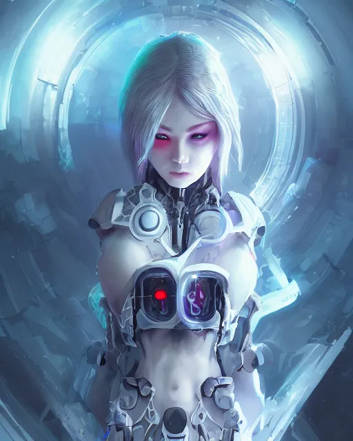 Image similar to holy cyborg necromancer girl, elegant, scifi, futuristic, utopia, garden, illustration, atmosphere, top lighting, blue eyes, white hair, focused, artstation, highly detailed, art by yuhong ding and chengwei pan and serafleur and ina wong