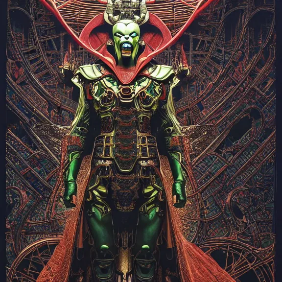 Image similar to symmetric frame of dr doom power armour from Doctor Strange movie, dr doom in ornate scale armour, byguo pei and alexander mcqueen metal couture editorial, eldritch epic monumental attack by beksinski by Yuko Shimizu