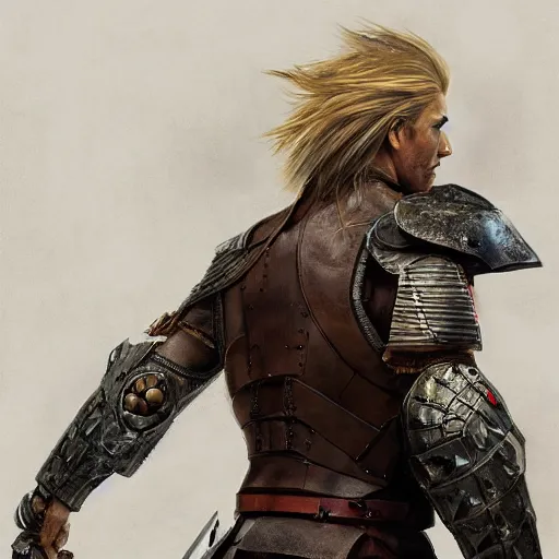 Image similar to rear side portrait of a muscular, ponytail haired blonde man with a armored left arm, wearing a brown leather coat, looking to his left, DnD, fantasy, detailed, digital art by Ruan Jia