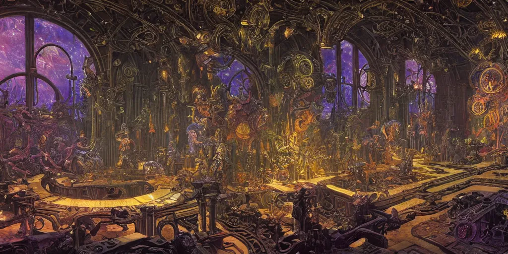 Prompt: baroque neoclassicist renaissance halls of creation decorated with sci - fi colorful chrome textures. reflective detailed textures. gloomy black background. highly detailed fantasy science fiction painting by james mccarthy, moebius, norman rockwell, frank frazetta, and syd mead. rich colors, high contrast. artstation