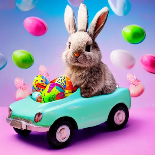 Image similar to easter bunny riding a convertible, studio photo, high quality