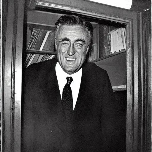 Prompt: grainy photo of franklin roosevelt a creepy monster in a closet, harsh flash