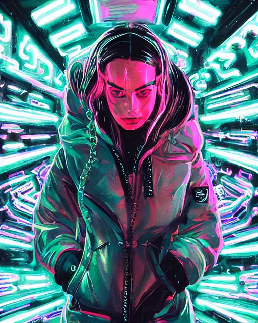 Image similar to detailed portrait Margot Robbie Neon Operator Girl, cyberpunk futuristic neon, reflective puffy coat, decorated with traditional Japanese ornaments by Ismail inceoglu dragan bibin hans thoma greg rutkowski Alexandros Pyromallis Nekro Rene Maritte Illustrated, Perfect face, fine details, realistic shaded, fine-face, pretty face