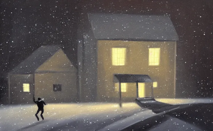 Image similar to snowy dark night scene depicting a house with one bright window and a man running away from it. oil painting.