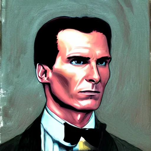 Image similar to portrait of Patrick Bateman from American Psycho, in the style of the Hudson River School