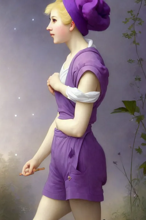 Image similar to Full View girl with short blond hair wearing an oversized purple Beret, Baggy Purple overall shorts, Short Puffy pants made of silk, silk shoes, a big billowy scarf, Golden Ribbon, and white leggings Covered in stars. Short Hair. masterpiece 4k digital illustration by Ruan Jia and Mandy Jurgens and Artgerm and william-adolphe bouguereau, award winning, Artstation, art nouveau aesthetic, Alphonse Mucha background, intricate details, realistic, panoramic view, Hyperdetailed, 8k resolution, intricate art nouveau