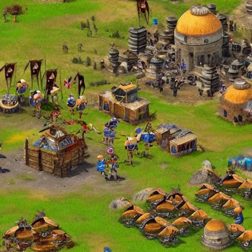 Image similar to a group of giant minions standing near a Town Center in the game Age of Empires