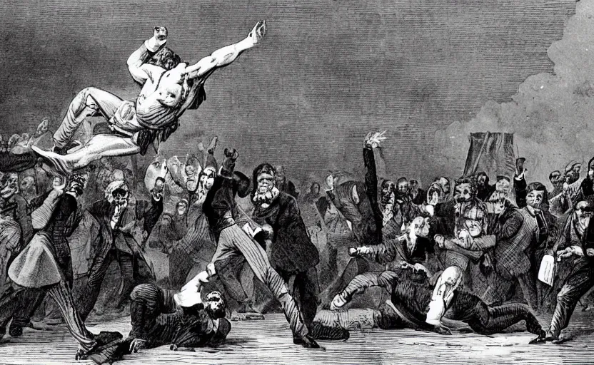 Image similar to Karl Marx as WWE wrestler suplexing Friedrich Nietsche on a WWE ring and the crowd goes crazy