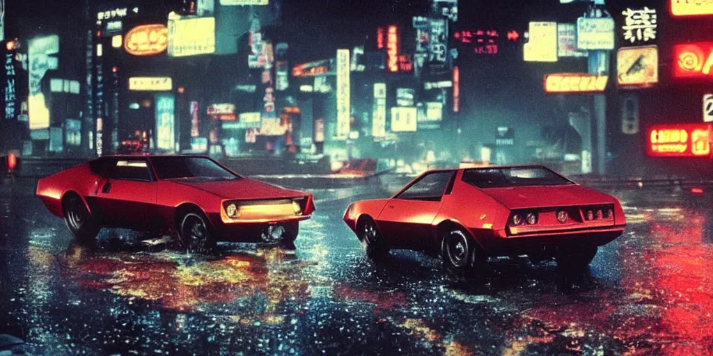 Prompt: a single amc amx / 3, speeding down tokyo highway in the rain, night time, neon lights, thunderstorm, movie still from the film bladerunner