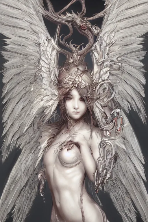 Prompt: beautiful demon maiden with angelic wings, intricate, elegant, highly detailed, digital painting, artstation, concept art, smooth, sharp focus, illustration, art by Yoshitaka Amano