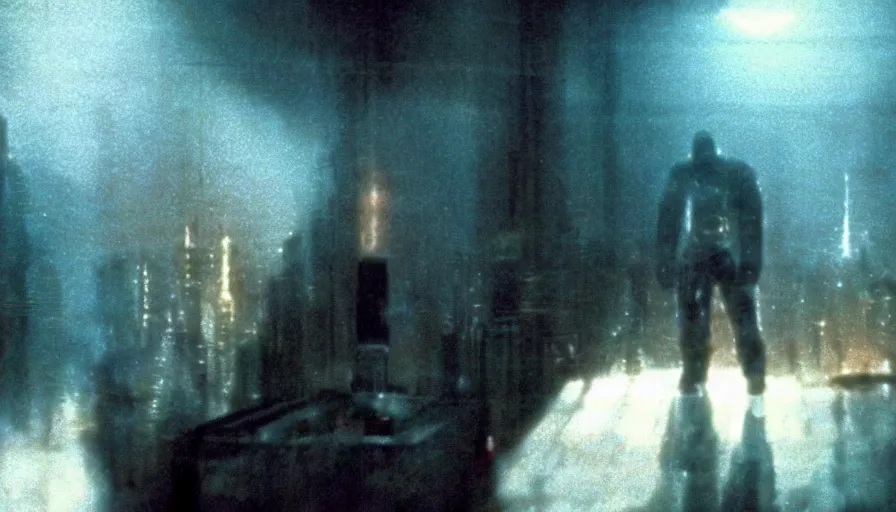 Image similar to screen shot of blade runner, astronaut priest talking to god, ambient lighting, cinematic, epic, demonic