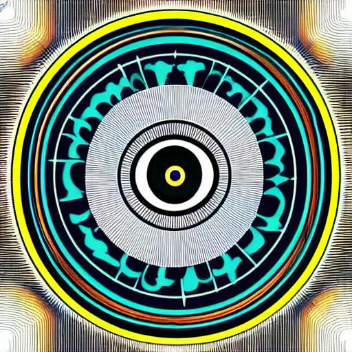 Image similar to logo of eye overlooking a city, symmetrical, washed out color, centered, art deco, 1 9 5 0's futuristic, glowing highlights, peaceful