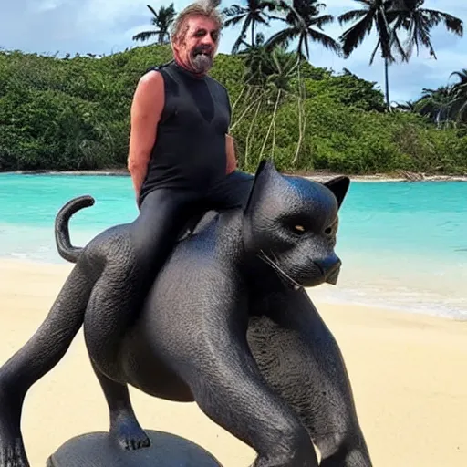 Image similar to john mcafee riding a black panther on a tropical beach