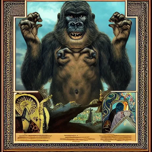 Image similar to portrait of king kong made with porcelain by Jeff Easley and Peter Elson + beautiful eyes, beautiful face + symmetry face + border and embellishments inspiried by alphonse mucha, fractals in the background, galaxy + baroque, gothic, surreal + highly detailed, intricate complexity, epic composition, magical atmosphere + masterpiece, award winning + trending on artstation