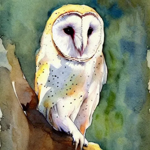 Prompt: a barn owl, watercolor with dripping paint, soft colors, style of anders zorn