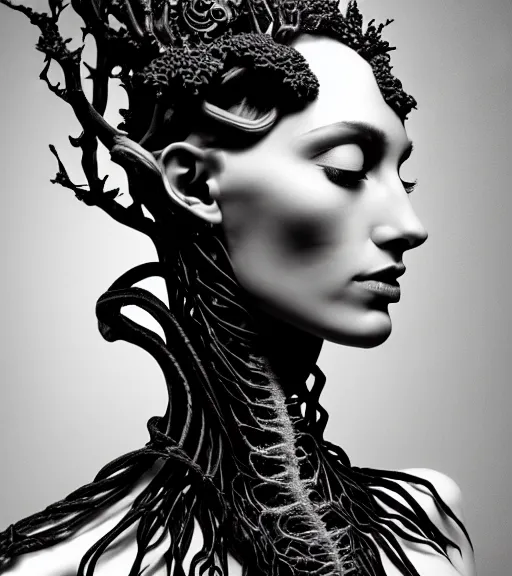 Image similar to dark background, a black and white high quality dreamy photo of a young beautiful female queen-vegetal-dragon-cyborg bust with a very long neck and delicate Mandelbrot fractal face, anatomical, facial muscles, veins, arteries, elegant, highly detailed, flesh highly baroque ornate, hair are curled wired cables, elegant, poetic, dreamy, mysterious, high fashion, rim light, in the style of Ellen von Unwerth, Realistic, Refined, Digital Art, Highly Detailed, Cinematic Lighting, rim light, black and white, photo-realistic, 8K