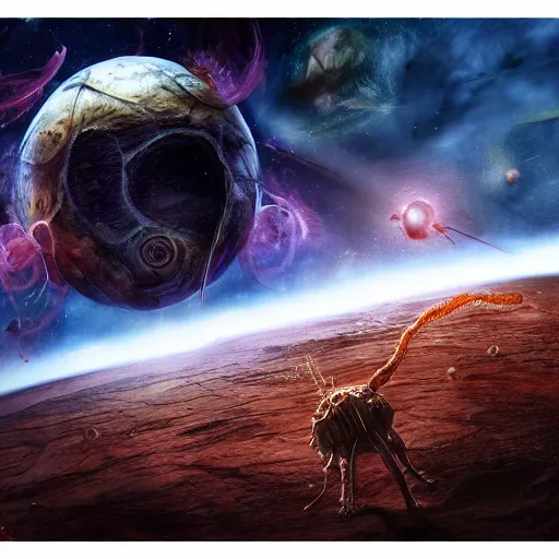 Image similar to eldritch horror bloody garfield in space, hd, 8 k, giant, epic, realistic photo, unreal engine, stars, prophecy, powerful, cinematic lighting, destroyed planet, debris, violent, sinister, ray tracing, dynamic, epic composition, dark, horrific, teeth, grotesque, monochrome drawing, hellscape