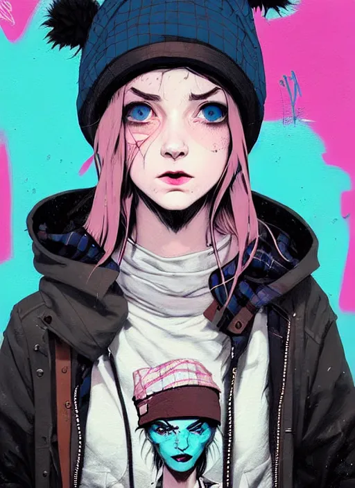 Image similar to highly detailed portrait of a sewer punk lady student, blue eyes, tartan hoody, hat, white hair by atey ghailan, by greg rutkowski, by greg tocchini, by james gilleard, by joe fenton, by kaethe butcher, gradient pink, black, brown and light blue color scheme, grunge aesthetic!!! ( ( graffiti tag wall background ) )