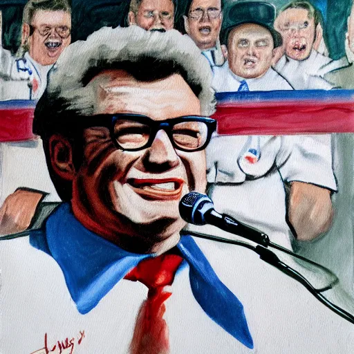 Prompt: painting of harry caray singing in press box