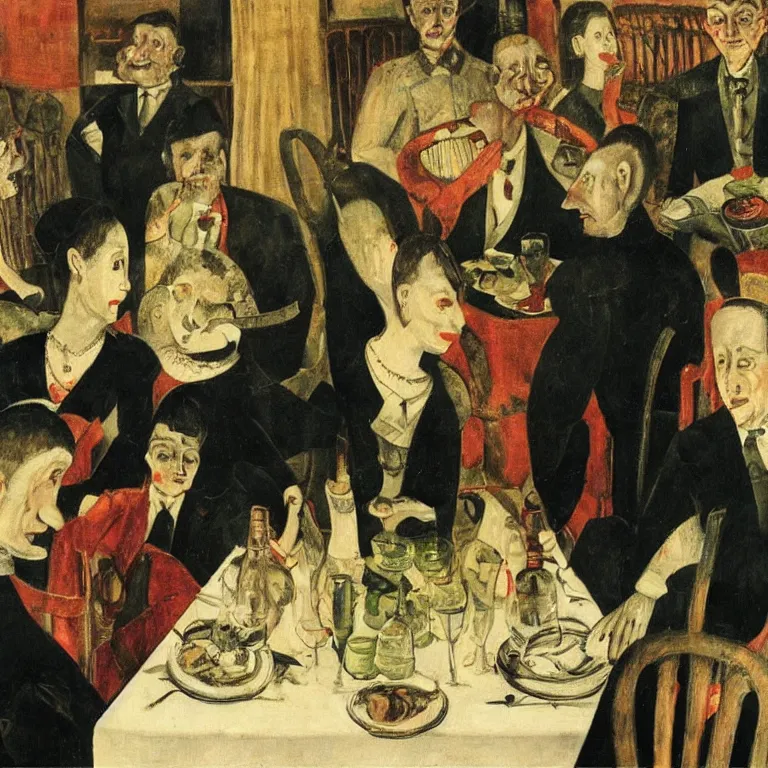 Prompt: Unhappy family gathered at the dinner. Painting by Otto Dix