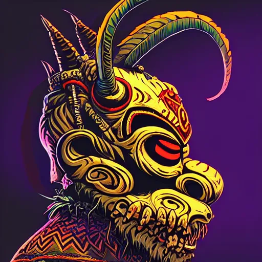 Image similar to side profile of barong family member, wiwek, mara demon, one single tribe member, jungle, one single mask, dark, ancient warrior, dwarf, midget, tribal, inner glow, art by dan mumford and justin gerard