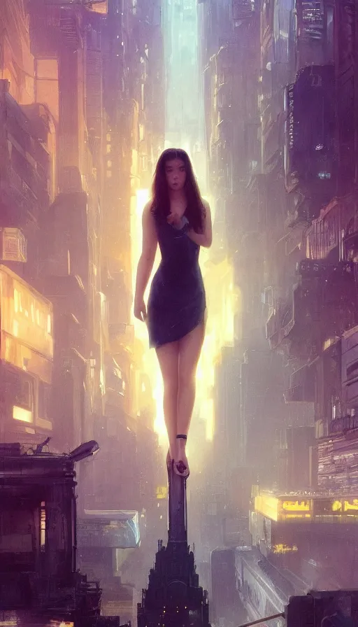 Image similar to hailee steinfeld, omicron, 2 0 1 8 blade runner movie still girl look at the cityscape from roof perfect face fine realistic face pretty face neon puffy jacket blue futuristic sci - fi elegant by denis villeneuve tom anders zorn hans dragan bibin thoma greg rutkowski ismail inceoglu illustrated sand storm alphonse mucha