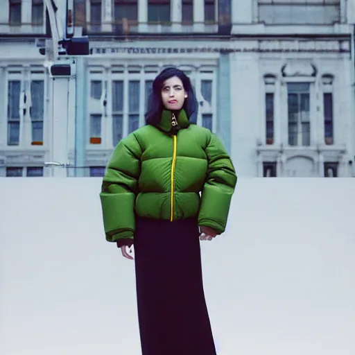 Image similar to realistic! photoshoot for a new balenciaga lookbook, color film photography, portrait of a beautiful woman wearing a puffer jacket, photo in style of tyler mitchell, 35mm