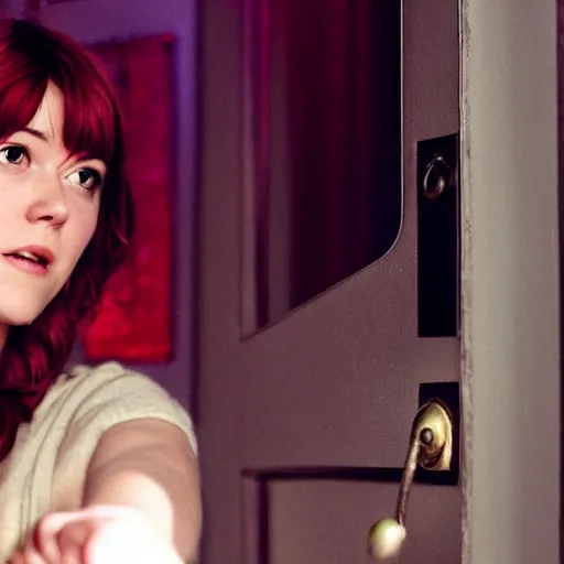 Image similar to mary elizabeth winstead ramona flowers entering a door to a cosmic dimension