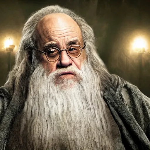 Image similar to danny devito starring as gandalf the white in the 2 0 2 4 lord of the rings movie, full body, hyper realistic, high quality, wide angle