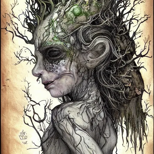 Image similar to rotten tree spirit dryad with a beautiful face and flaming mouth and eyes + mushrooms + fungi + lichen + sketch lines + graphite texture + old parchment + guillermo del toro concept art + justin gerard monsters, intricate ink illustration