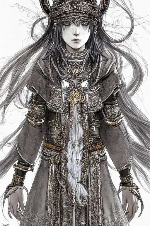 Prompt: A full body portrait of a female priestess with long silver hair by Akihiko Yoshida, fantasy, very detailed, tone mapping