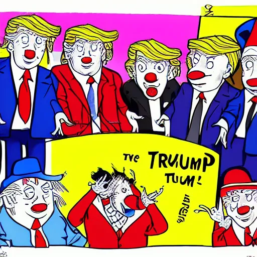 Image similar to Donald Trump as a clown with a group of clowns, trending on deviantart