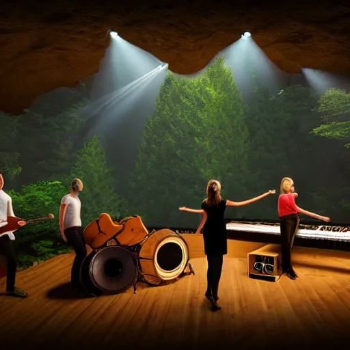 Prompt: A photorealistic wood log cave music studio in virtual reality with virtual people playing instruments, light rays coming out of the windows, bounce lighting, unreal engine, photorealistic