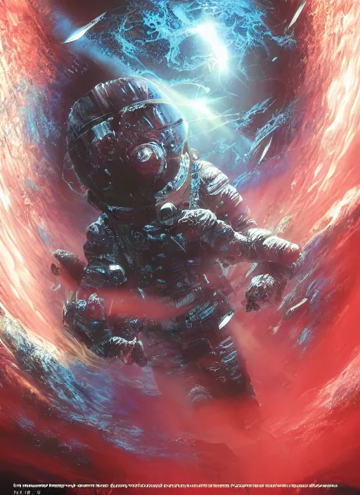 Image similar to astronaut in dark void underwater - complex and hyperdetailed technical suit design. reflection and dispersion materials. rays and dispersion of light. volumetric light. f / 3 2. noise film photo. flash photography. ultra realistic, 5 0 mm. poster by wayne barlowe, hajime sorayama aaron horkey, craig mullins