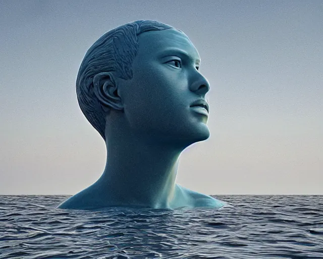 Image similar to a giant sculpture in the ocean of a human head, hyper - realistic, very detailed, realistic water, ray tracing, 8 k resolution, long - shot, sharp focus, low angle, 8 5 mm photograph, wide lens