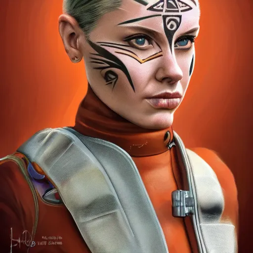 Image similar to character concept art of heroic stoic emotionless butch blond handsome woman space explorer with detailed tribal chin tattoos, dirty and injured, very short slicked - back butch hair, no - makeup, narrow eyes, wearing atompunk jumpsuit, orange safety vest, retrofuture, highly detailed, science fiction, illustration, oil painting, realistic, lifelike, pulp sci fi, cinematic