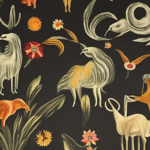 Prompt: wallpaper with flora and fauna, black background, designed by leonora carrington